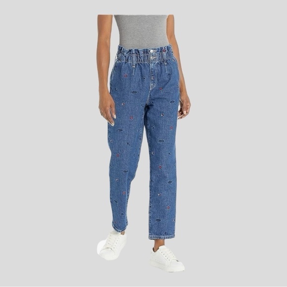 Tommy Hilfiger High Rise Paper Bag Style Mom Jeans With Embroidery - Size 14 - Picture 3 of 16